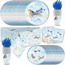 141Pcs Airplane Birthday Party Decorations Include Airplane Plates-Paper Cups-Napkins-Forks-Knives-Tablecloth for Airplane Baby Shower Decorations Serves 20 Guests