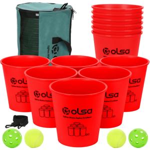 Olsa Giant Pong Yard Games, Yard Pong Outdoor Game for Adults and Family, Toss Backyard Lawn Games with 12 Buckets, Balls, Strength Carrying Bag for Beach Camping Backyard Party(Red)
