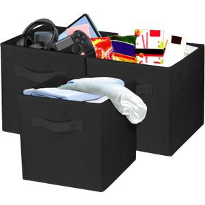 3 Pcs Storage Cubes, 10.5 Inch Collapsible Storage Bins, Fabric Foldable Bins for Organization, Durable Storage Bins for Closet, Shelves, Offices (Black)