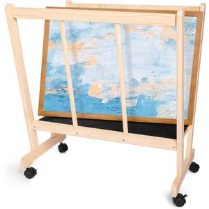 GENMOUS Wood Large Print Rack with Castors - Artist Display and Storage Rack,Natural Wooden Storage & Crafts Drying Racks for Canvas,Artwork,Prints,Panels,Posters,Art Shows & Galleries Display Stands (1-layer)