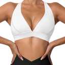 XUNYU V Neck Sports Bras for Women Racerback Padded Workout Top Open Back Yoga Crop Tank Tops Built in Bra (Green, XL)