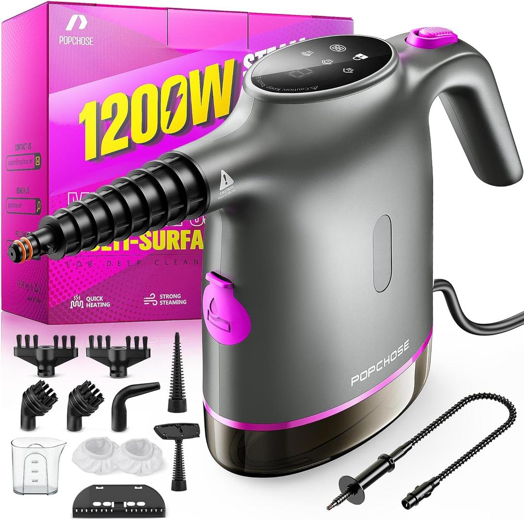 POPCHOSE Handheld Steam Cleaner for Home, Portable Pressurized Steamer for Cleaning Grout, Surfaces, Bathroom, Couch, 20S Fast Heat Up, 12 Accessories, Steam Adjustable, Safety Lock, Graypurple