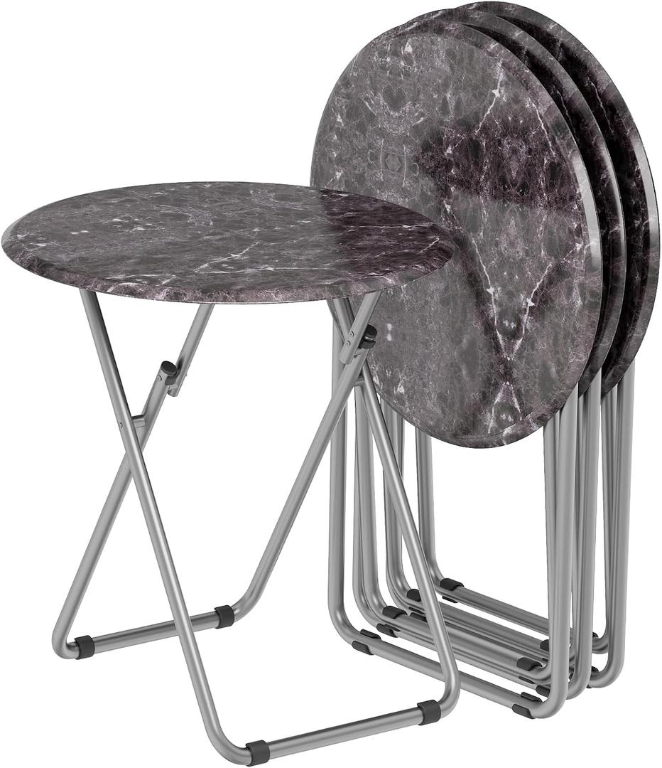 Folding Round TV Tray Table Set of 4, TV Dinner Table with Sturdy MDF Top, Eating Trays for Living Room with No Assembly Required, 17.5 x 17.5 x 26 in (Black Marble, 4Pcs)