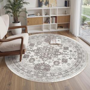 zesthome Washable Round Area Rugs - Non-Slip 6ft Round Rugs, Ultra-Thin Large Circle Rugs for Living Room, Soft Low Pile Rug for Bedroom, Kitchen, Nursery - Vintage Round Rug(Brown/Beige,6'x6')