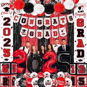 Red and Black Graduation Decorations 2025 Congrats Grad Banner Class of 2025 Decorations Grad Party Decorations 2025 Graduation Banner