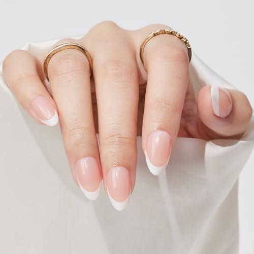 French Tip Press On Nails Almond - Findigit Natural Fake Nail Short with Glue,Supremely Fit & Natural Glue On Nails with Nail in 16 Sizes - 32 Nails Kit,White