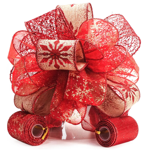 CT CRAFT LLC Red Snowflake Christmas Tree Topper Bow 11" with 4 Ribbon Streamers x 3 Yards Long Each for Holidy Elegant Fancy Home Décor Indoor