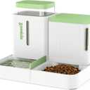 Gravity Cat Feeder and Water Dispenser, 2 in 1 Cat Self Feeder with 180 Degree Rotatable, Automatic Feeding Large Capacity for Small Medium Dog Puppy Kitten, White & Green, 0.8 Gallon x 2