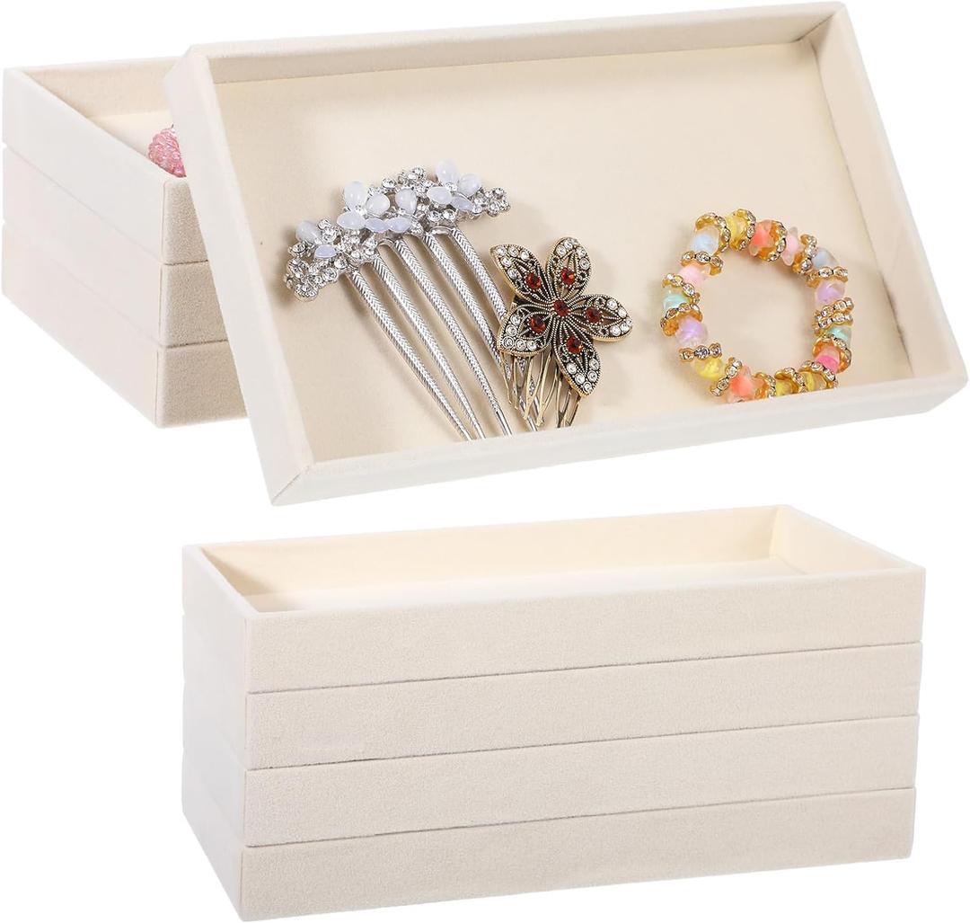 Dimeho 8 PCS Velvet Jewelry Organizer Trays Stackable Jewerlry Tray Jewelries Storage Display Plate Beige Blank Display Flat Tray for Earring Ring Beads Bracelet Necklace 8.3 x 4.7 x 1 Inches
