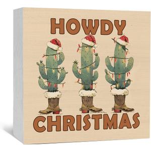 Howdy Christmas Western Cactus Cowgirl Boots Wooden Box Sign, Country Christmas Wood Signs For Home Office Desk Shelf Table Decor, Western Decorations, 6x6 Inch (color-8)