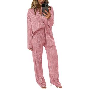 PRETTYGARDEN Women's 2 Piece Sets 2026 Fall Casual Textured Button Down Shirt Wide Leg Pants Outfits Loungewear Tracksuit (Medium)