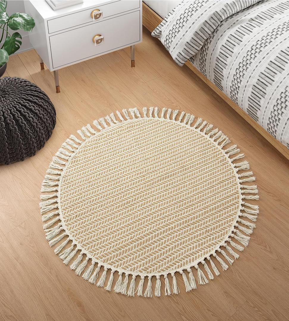 Lahome Belle Boho Round Rug 3ft, Small Circle Rugs for Entryway Kitchen Cotton Washable Indoor Door Bath Mat with Tassels, Farmhouse Round Area Rug Non Shedding Circle Carpet for Bedroom Entry, Khaki