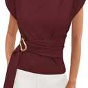 PRETTYGARDEN Women Blouses Spring Dressy Cap Sleeve Mock Neck Work Shirts Buckle Tunic Summer Business Casual Tops 2026, XL