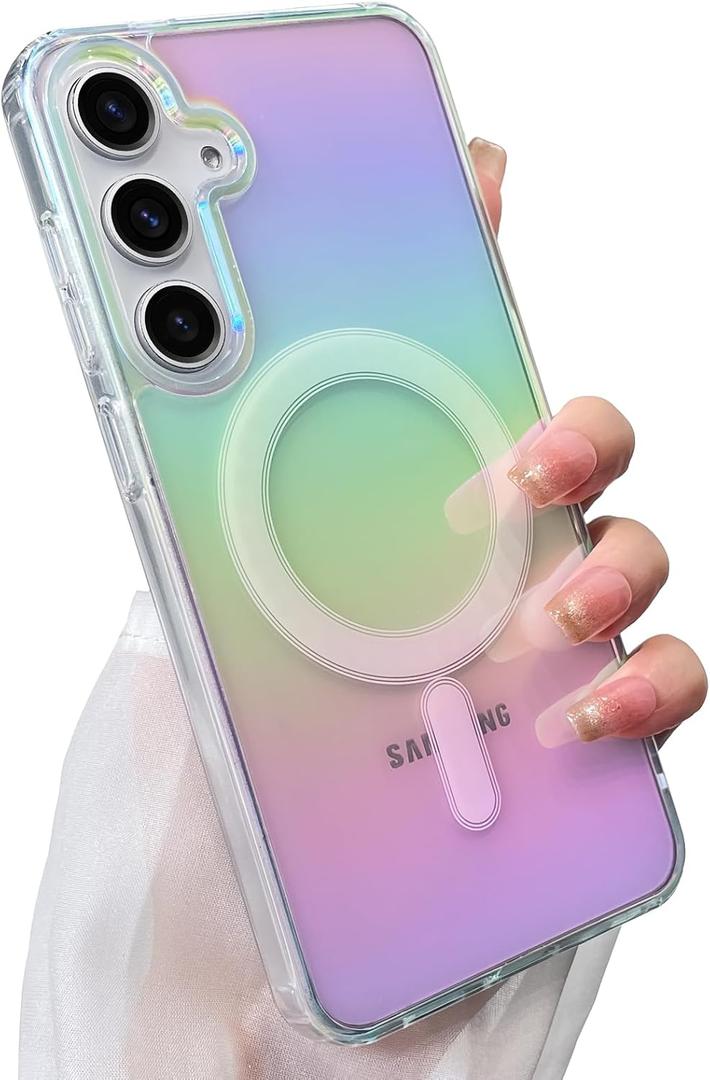 SAKUULO Magnetic Case for Samsung Galaxy S25 Plus Compatible with Magsafe, Bling Laser Iridescent Florescent Crystal Sparkly Luxury Shockproof Protective Cover for Women Men
