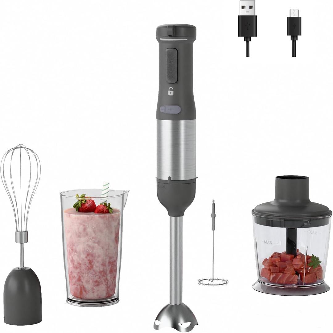 Cordless Immersion Hand Blender, 5-in-1 Variable Speed blender handheld,Rechargeable with 2000mAh Battery, BPA-Free & Dishwasher-Safe Accessories:700ml Beaker,Chopper,Whisk & Milk Frother,Grey