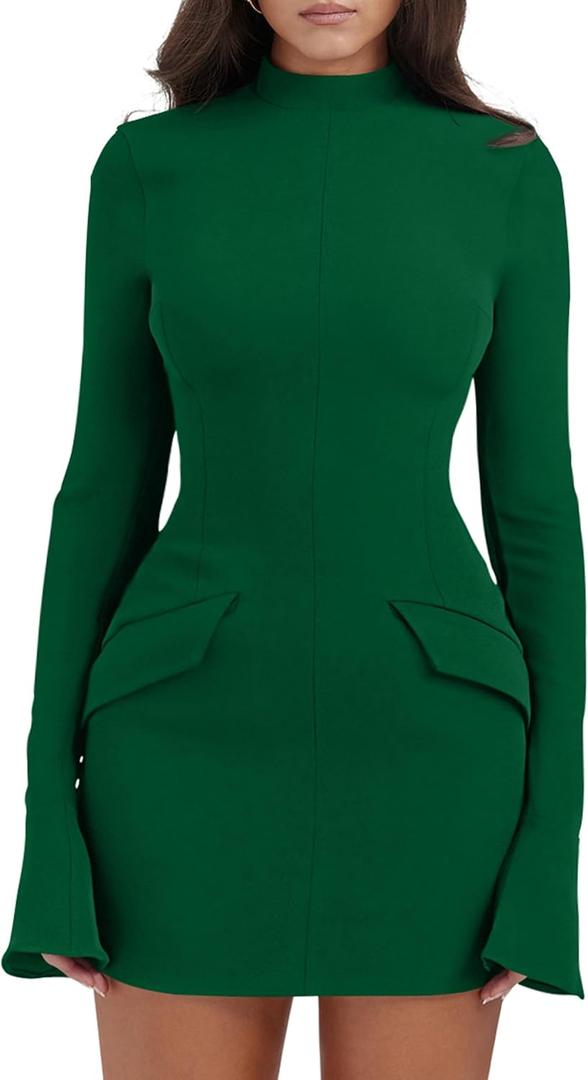 YMDUCH Women's Long Sleeve Mock Turtle Neck Bodycon Mini Tank Short Party Dress (Green) M