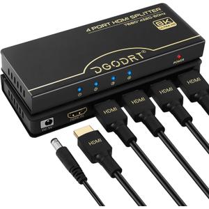 DGODRT 8K@60Hz HDMI Splitter 1 in 4 Out, 1x4 Power HDMI 2.1 Splitter 4 Ports Distributor Box, Support 4K@120HZ HDCP 2.3 3D HDR 48 Gbps for HDTV, Fire Stick, PS5, Xbox, Blu Ray(HDsplit8K-4P)