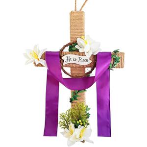 2 x Easter Wreaths for Front Door - He is Risen Wooden Cross Wreath with Hanging Flowers Christian Hanging Signs Decor for Lent Holy Week Spring Home Farmhouse Porch Church Wall