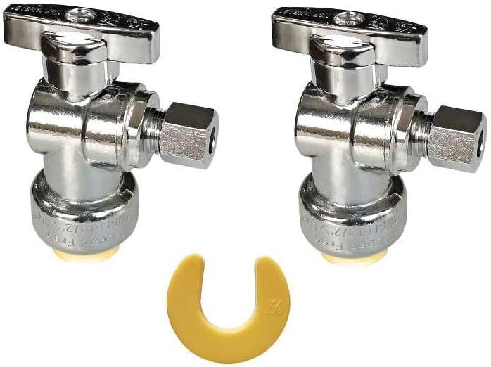 HQMPC Angle Stop Valve, No Lead Brass 1/2" PTC x 1/4" Compression Push Fit Shut Off Water Valve With Disconnect Clip, Push-to-Connect, PEX, Copper, CPVC