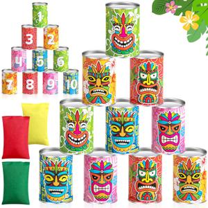 Luau Party Games Tiki Can Toss Game Bean Bag Toss with 10 Tin Cans and 3 Bean Bag for Summer Luau Family Birthday Tropical Hawaii Aloha Indoors Outdoors Activities Party Supplies