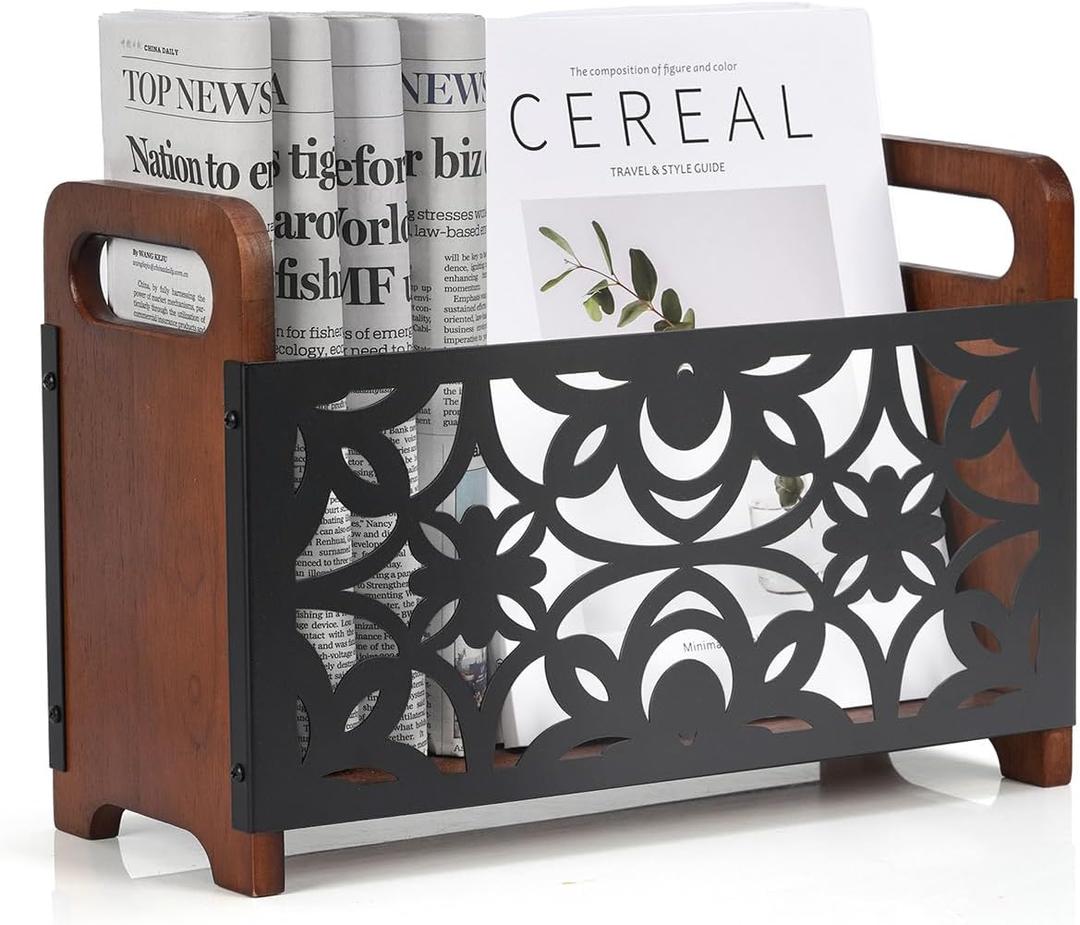 QILICHZ Magazine Holder,Wood Magazine Rack Floor,Rustic Magazine File Holder Organizer,Decorative Magazines Storage Basket for Books,Newspapers,Mails,Files