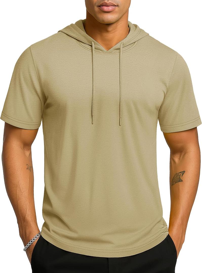TACVASEN Short Sleeve Hoodies for Men Cotton Hoodies Summer Sweatshirt Lightweight Breathable Workout Shirts Pullover (Beige, M)