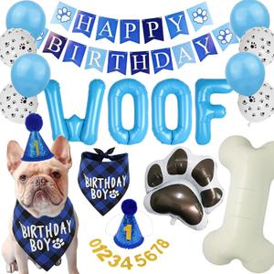 Dog Birthday Party Decorations Boy Dog Puppy Happy Birthday Banner Blue Hat Crown Number Woof Balloons Boy Dogs Pets Birthday Bandana Supplies