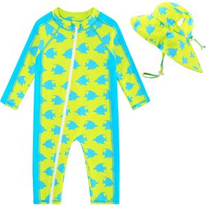 UNIFACO Baby Boy Swimsuit UPF 50+ Sun Protection One Piece Zip Bathing Suit with Sun Hat Infant Sunsuit Swimwear (3-6 Months, A-yellow-fish)