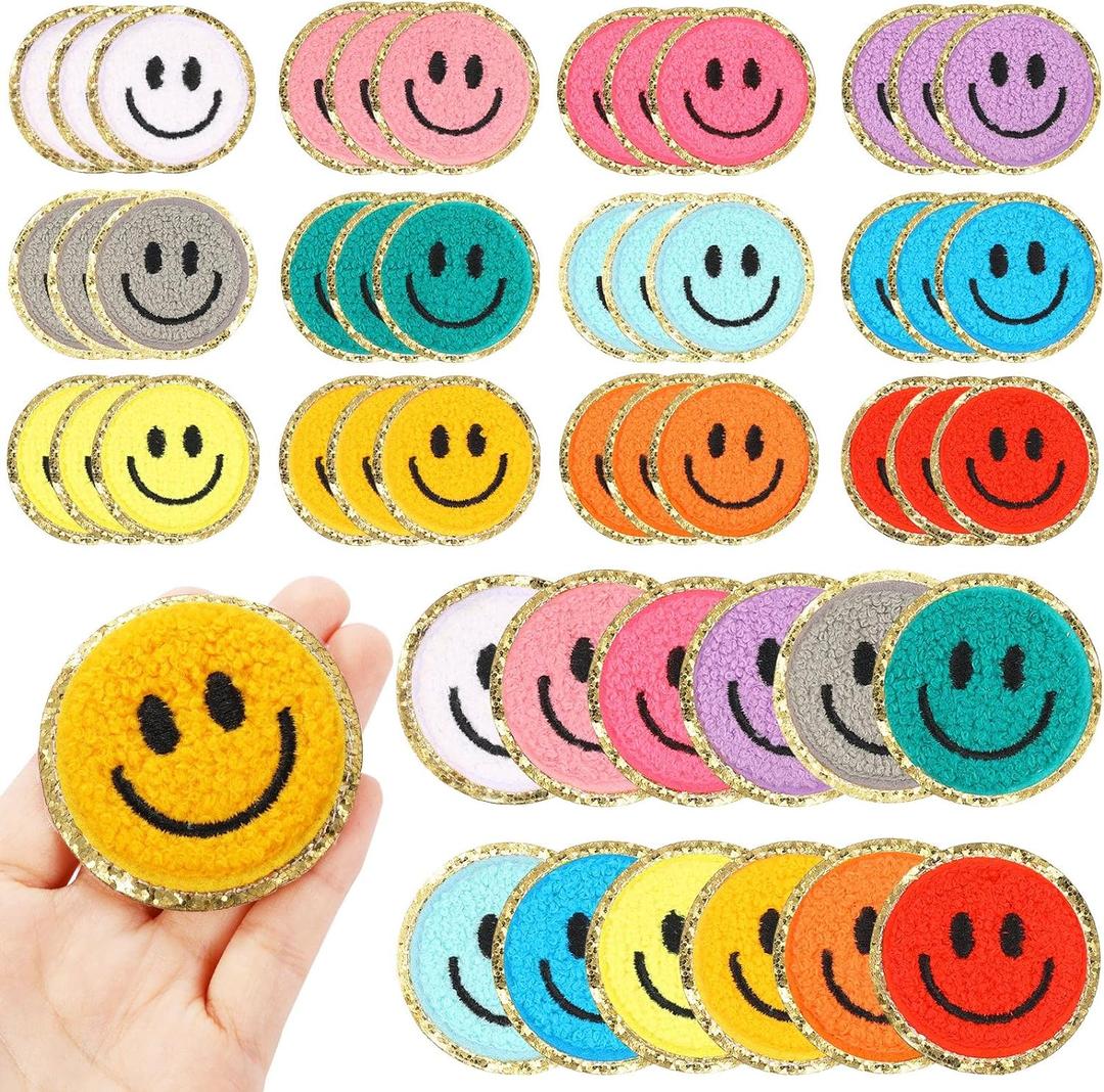 48 Pieces Smile Face Chenille Patches for Kid, Happy Face Iron on Sew On Decorative Repair Patches for Clothes Hats Shirts Shoes Jeans Bags Backpacks