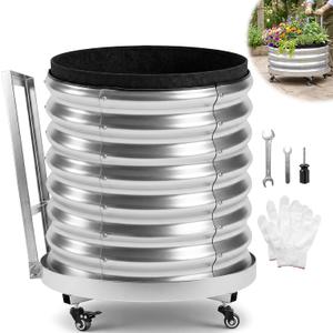 Large Rolling Garden Planter Box with Geotextile Grow Bag & Plastic Tray Pad, Galvanized Metal Raised Garden Bed Outdoor with Wheels for Flowers Tomatoes Vegetables Olive Trees, 2x2 ft