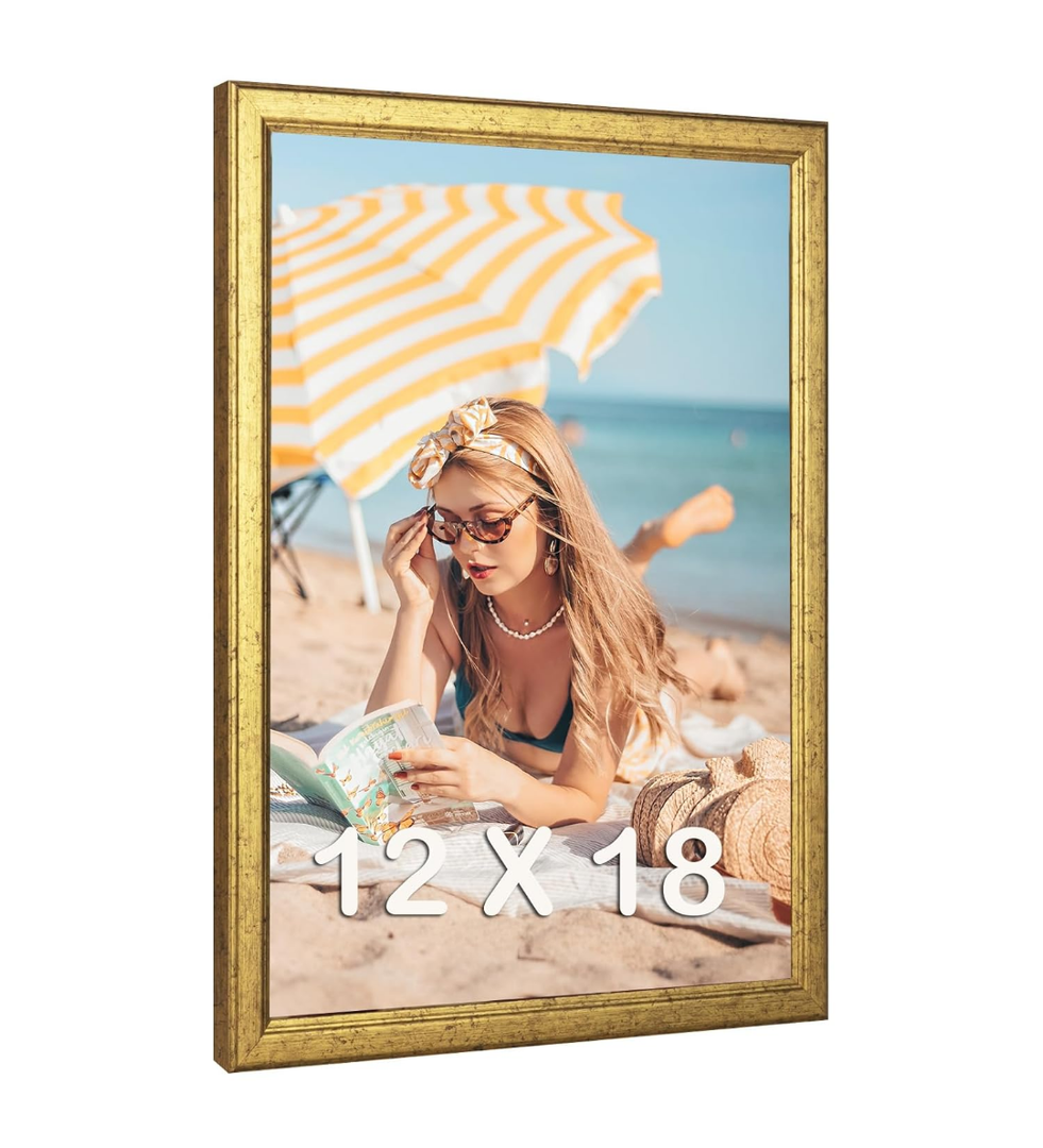 Wood 12x18 Frame Gold, Ornate Natural 18x12in Poster Picture Frame, Modern Golden 12 x 18inch Gallery Wall Photo Frame with HD Plexiglass, Horizontal Vertical Wall Mounting Display