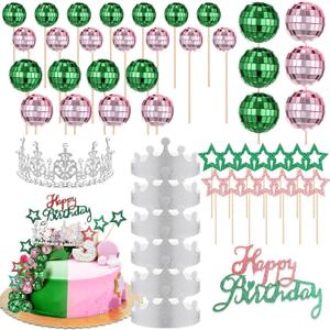 50 Pcs Witch Princess Theme Birthday Party Supplies Witch Party Favors Disco Ball Cake Toppers Accessories Pink and Green Decorations(Princess Crown)