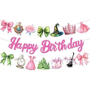 3 x Witch and Princess Happy Birthday Banner, Pink and Green Party Sign Decorations, Girl Boy Theme Supplies, Bday Kids 1st First Decor