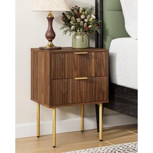 Nightstand,Morden Bedside Table with Gold Frame,Small Night Stand,End Table,Bedside Furniture,Side Table with Drawer and Shelf for Bedroom,Living Room (2Drawers, Walnut Brown)
