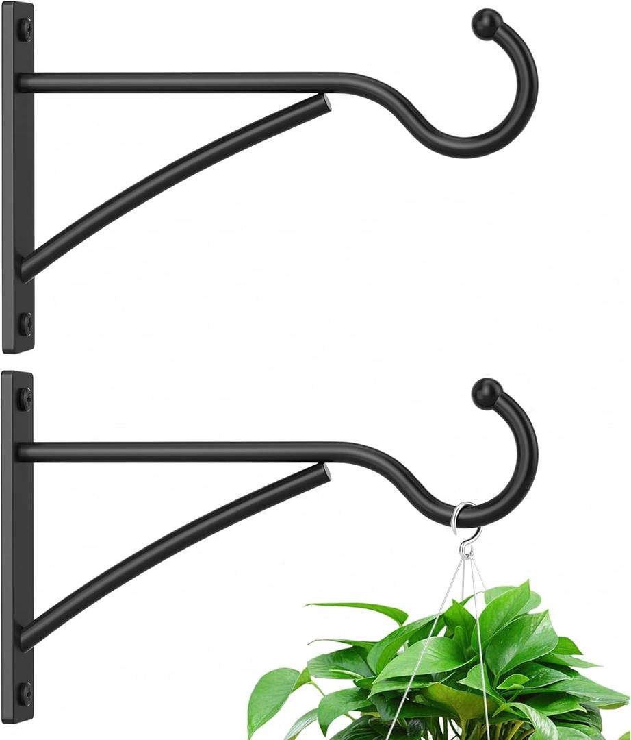 6 Inch 2 Pack Heavy Duty Plant Hangers Outdoor, Metal Plant Brackets for Hanging Baskets, Plant Wall Hooks for Bird Feeders, Wind Chimes & Lanterns, Premium Metal Hooks Matte Black, 30lbs Capacity