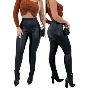 CHICME Womens Stretch Faux Leather Pants High Waist Curved Fleece Lined Tights Pants PU Leather Leggings (Large, Black)