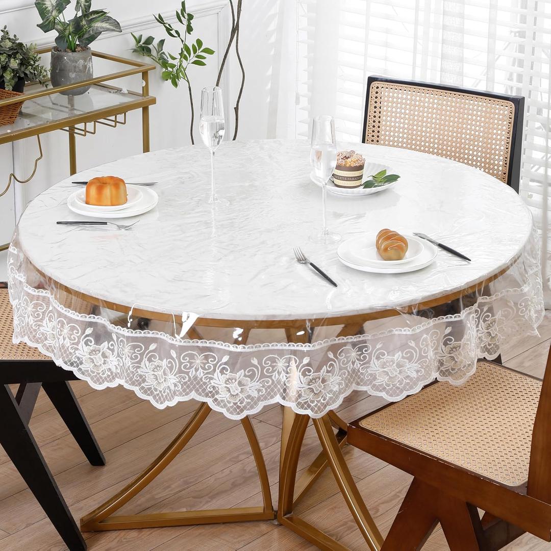 Clear Round Plastic Tablecloth Protector with Lace Around Waterproof Oil-Proof PVC Table Cloth Stain-Resistant Wipeable Table Cover for Round Table, 90"