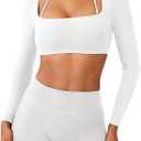 YEOREO Long Sleeve Crop Tops for Women Square Neck Workout Yoga Cropped T Shirt Top Padded Halter Neck with Detachable (Medium)