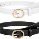 WERFORU 2 Pack Women's Skinny PU Leather Belt with Gold Buckle Ladies Thin Leather Plus Size Waist Belt for Jeans Dress (Fit Waist Size 31-36 Inches, C-black+white)