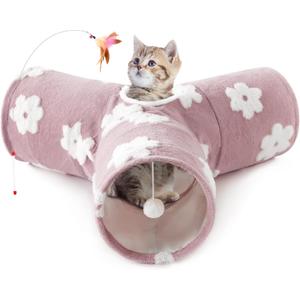 Tempcore Flannel Pet Cat Tunnel Tube Cat Toys 3 Way Collapsible, Cat Tunnels for Indoor Cats, Kitty Tunnel Bored Pet Toys Peek Hole Toy Ball Puppy, Kitty, Kitten, Rabbit Daisy Burlwood