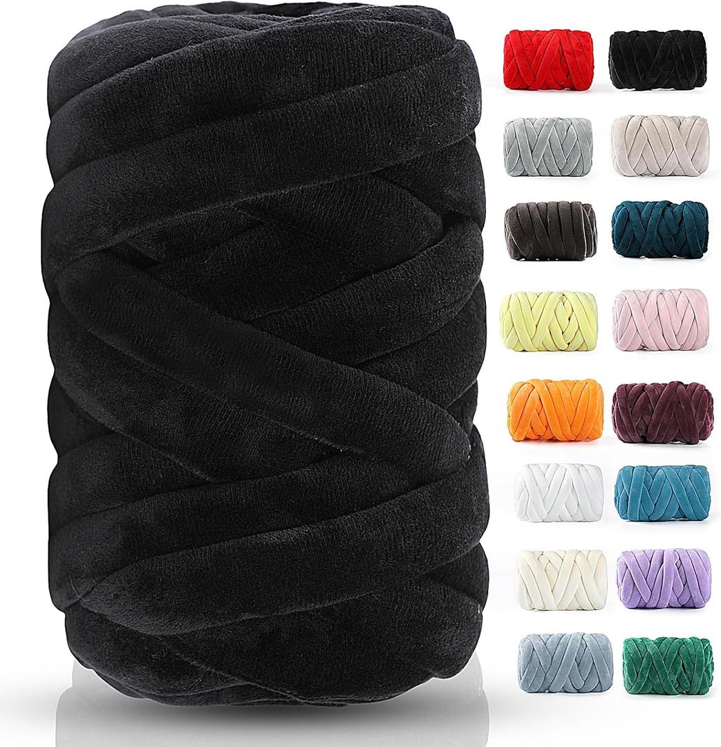 Chunky Yarn for Hand Knitting- Velvet Chenille Tube Yarns- Jumbo Yarns for Blankets, Pet Beds, Machine Washable (0.66 Lb/18.59 Yd), Easy No-Tool Arm Knitting & Crochet Project Yarn (Black)