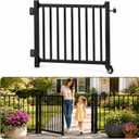 Deck Gate with Wheels, 42in.H x 4 ft.W Black Heavy Duty Steel Anti-Rust Fence Door for Outdoor Deck Patio Railing, H Railing 1" Round Pipe, with Latch (Black)