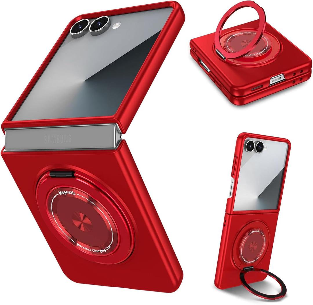 Magnetic Case for Samsung Galaxy Z Flip 7, [Compatible with MagSafe] Shockproof Slim fit Samsung Z Flip 7 Phone Case with Magnetic Ring Kickstand, Red