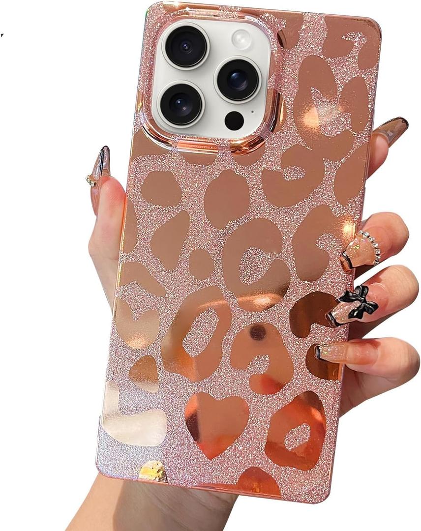 3 x Jmltech Edge Case for iPhone 15 Pro - Shockproof Glitter Bling Slim Soft Silicone Gel Flexible Protective Phone Case (Rose Gold Leopard)