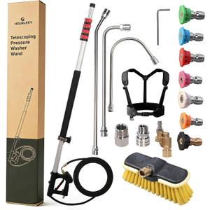 Hourleey 24 FT Telescoping Pressure Washer Wand, Power Washer Extension Wand with Brush Head, Gutter Cleaner, 3 Curve Wands, Adjustable Support Belt, Pivoting Coupler, 7 Spray Nozzles, 4000 PSI