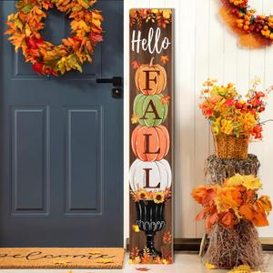 Fall Porch Sign, Hello Pumkpkin Sign for Front Porch, 3 Pumpkins Wooden Sign Yard, Vertical Wood Sign Standing for Patio Front Door Porch, Autumn Home Party Entryway Yard Wall Decor Indoor Outdoor, 47x8 inch