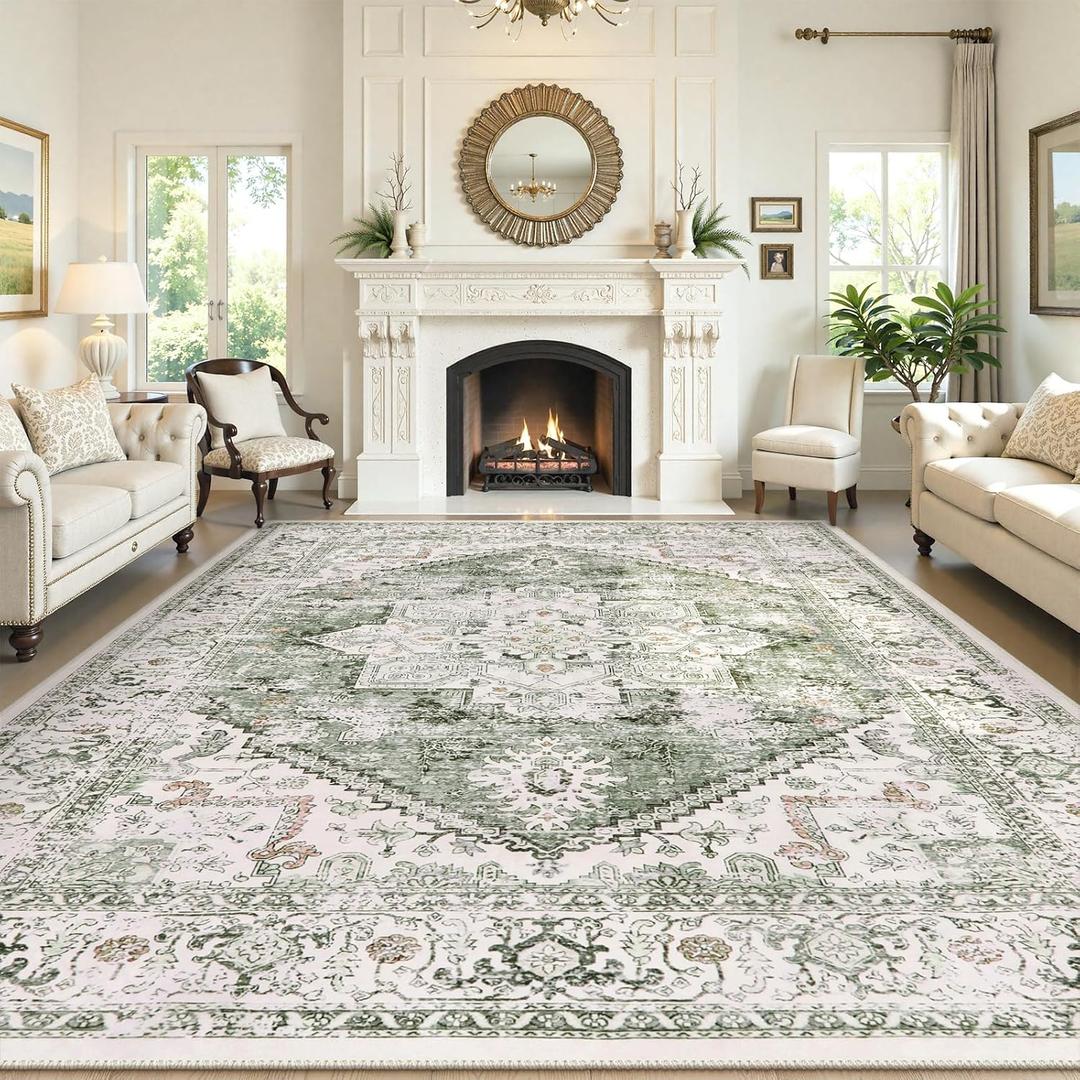 LIVEBOX Green 10x14 Area Rugs, Soft Extra Large Area Rug for Living Room Low Pile Non Slip Boho Rug, Non Shedding Indoor Carpet for Bedroom Dining Room Under Table