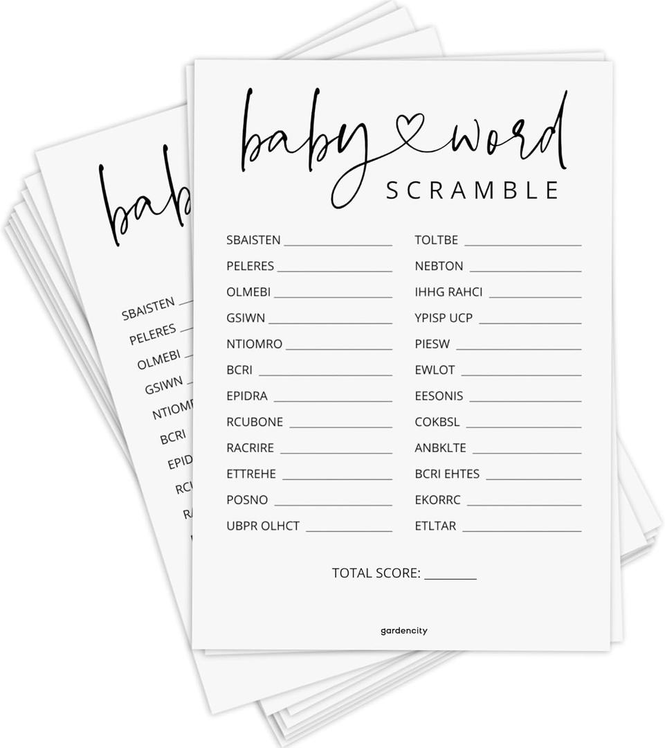 GardenCity 50 Baby Shower Word Scramble Game Cards, Fun Baby Shower Games for Boy or Girl, Gender Neutral - Minimalist