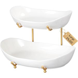 HBlife Fruit Bowl for Kitchen Counter - 2 Tier Fruit Basket with Metal Stand, Ceramic Fruit Holder, Tiered Fruit Platter Serving Trays for Party(Large Size) (White Bowl Gold Rack)