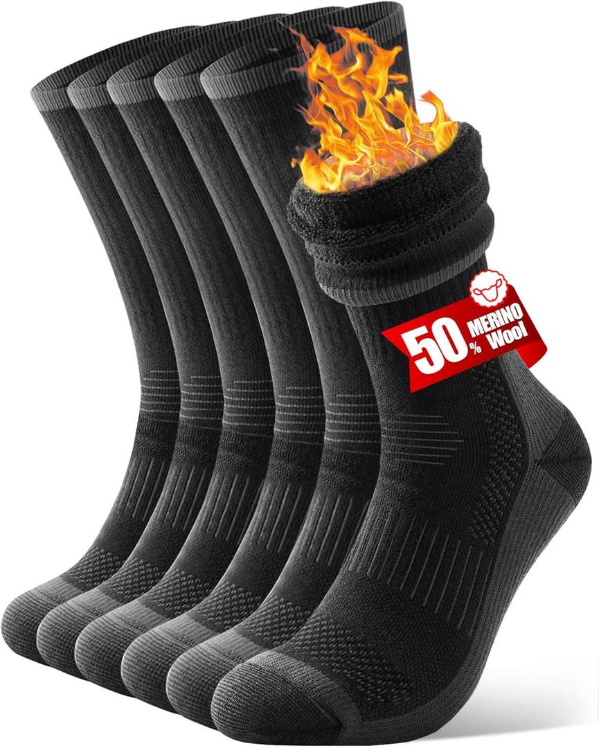 Merino Wool Hiking Crew Socks for Men & Women, Thermal Socks, Cushioned Anti-Blister, Breathable 3 Pairs (Large, Black)